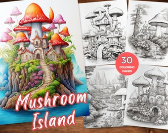 Fantasy Mushroom Island coloring Page Enchanted fungi landscapes coloring book Magical Mushroom island coloring sheets grayscale coloring