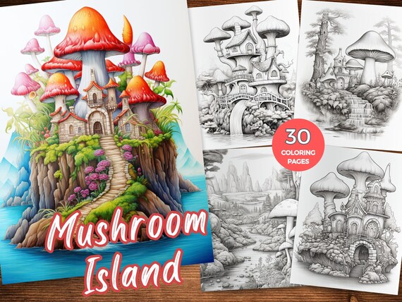 Fantasy Mushroom Island coloring Page Enchanted fungi landscapes coloring book Magical Mushroom island coloring sheets grayscale coloring