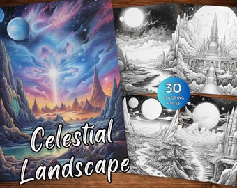 Celestial Coloring Pages Celestial Spaces Coloring Sheets Celestial Landscape Coloring Book for Adults Printable Adult Grayscale Colouring