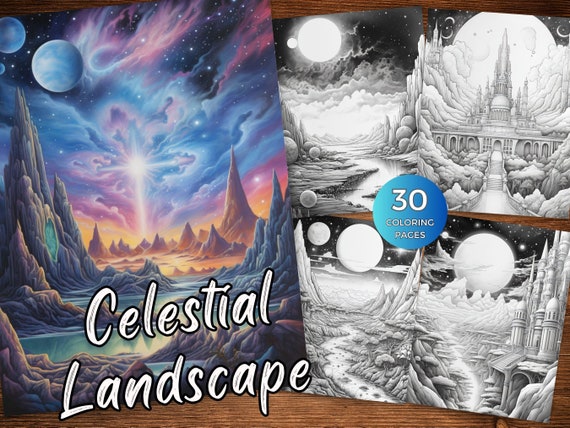 Celestial Coloring Pages Celestial Spaces Coloring Sheets Celestial Landscape Coloring Book for Adults Printable Adult Grayscale Colouring