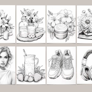 May include: A black and white illustration of eight different images. The images include a spa scene with towels, flowers, and bottles, a jar of cream with flowers, a bouquet of flowers on top of books, a woman with a bottle of perfume, a glass of smoothie with strawberries, a pair of running shoes, and a pair of headphones.