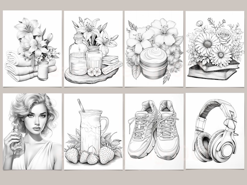 May include: A black and white illustration of eight different images. The images include a spa scene with towels, flowers, and bottles, a jar of cream with flowers, a bouquet of flowers on top of books, a woman with a bottle of perfume, a glass of smoothie with strawberries, a pair of running shoes, and a pair of headphones.