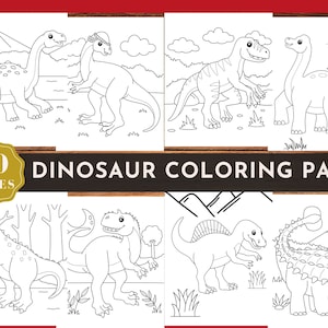 May include: A set of 30 black and white dinosaur coloring pages. Each page features a different dinosaur, including a stegosaurus, a brachiosaurus, a velociraptor, and a triceratops. The pages are perfect for kids who love dinosaurs and enjoy coloring.