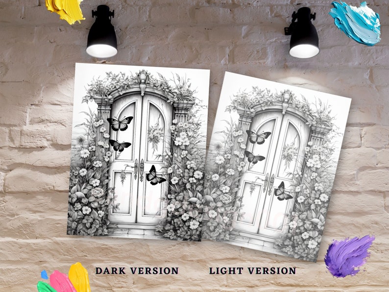 May include: Two grayscale art prints featuring a detailed illustration of a white door adorned with flowers and butterflies. The prints are labeled "DARK VERSION" and "LIGHT VERSION" at the bottom. The artwork is set against a brick wall.