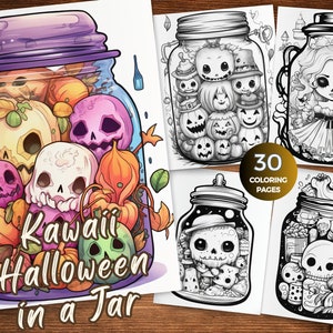 Cute Kawaii Halloween Coloring pages of Kawaii Halloween in a Jar coloring book Instant Download spooky  Kawaii grayscale coloring sheets