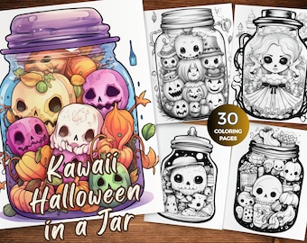 May include: A collection of Halloween-themed coloring pages featuring kawaii-style illustrations. The main image shows a jar filled with colorful skulls and pumpkins. The text "Kawaii Halloween in a Jar" is visible. Additional pages include various jar designs with pumpkins and skulls.