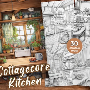 Peut inclure: Un ensemble de 30 pages à colorier représentant une cuisine cottagecore avec un évier de ferme, des armoires en bois et une fenêtre donnant sur un paysage verdoyant. La cuisine est remplie de plantes et de fleurs, créant une ambiance chaleureuse et accueillante. Le texte "Cottagecore Kitchen" est écrit dans une police de caractères fantaisiste en bas de l'image.