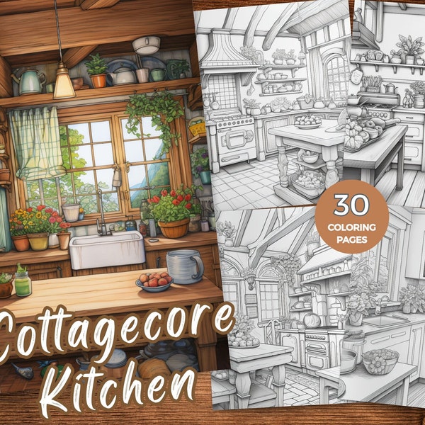 Cottagecore Coloring Pages Cottagecore Kitchen Coloring Book Homey Kitchen Designs Coloring Pages Hygge Interior coloring Rustic culinary