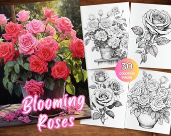 Páginas para colorear de rosas florecientes para adultos Descarga instantánea Hoja para colorear de rosas Rosa en escala de grises para colorear Libro para colorear de rosas PDF imprimible
