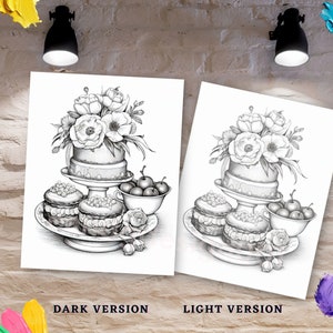 May include: A black and white illustration of a tiered cake decorated with flowers and cherries. The cake is on a white pedestal and surrounded by smaller cakes and a bowl of cherries. The image is labeled "DARK VERSION" and "LIGHT VERSION".