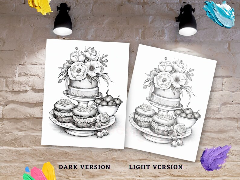 May include: A black and white illustration of a tiered cake decorated with flowers and cherries. The cake is on a white pedestal and surrounded by smaller cakes and a bowl of cherries. The image is labeled "DARK VERSION" and "LIGHT VERSION".