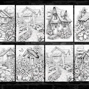 May include: A set of eight black and white illustrations of charming cottages with gardens. Each cottage has a unique design and is surrounded by flowers and greenery. The illustrations are perfect for coloring books or as decorative prints.