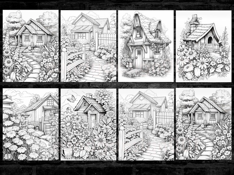 May include: A set of eight black and white illustrations of charming cottages with gardens. Each cottage has a unique design and is surrounded by flowers and greenery. The illustrations are perfect for coloring books or as decorative prints.