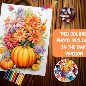 May include: A watercolor painting of a fall harvest scene with pumpkins and flowers. The pumpkins are orange and the flowers are a mix of pink, orange, and purple. The painting is on a white background.