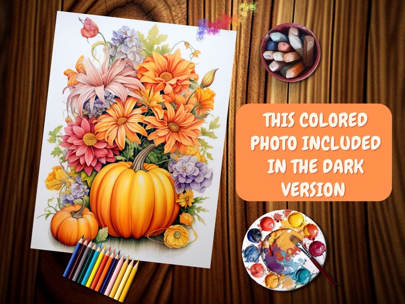 May include: A watercolor painting of a fall harvest scene with pumpkins and flowers. The pumpkins are orange and the flowers are a mix of pink, orange, and purple. The painting is on a white background.