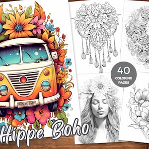 Boho Hippie Pdf Coloring Pages for Adults Instant Download Mandala Grayscale Coloring Book Printable Boho Girl Coloring Sheets Boho Style