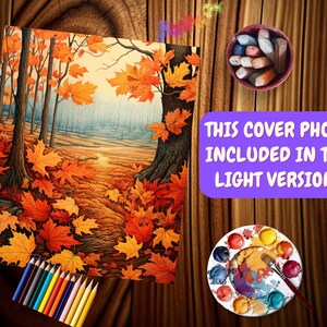 May include: A painting of a forest path in autumn with colorful red and orange leaves. The path leads to a clearing in the distance. The painting is framed and ready to be colored in.