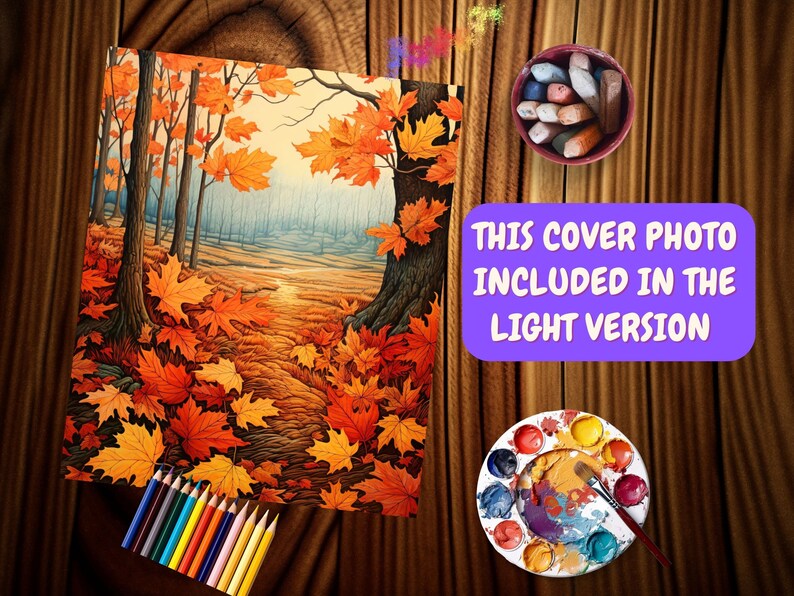 May include: A painting of a forest path in autumn with colorful red and orange leaves. The path leads to a clearing in the distance. The painting is framed and ready to be colored in.