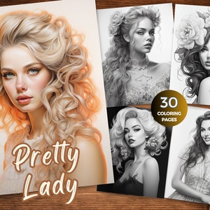 Pretty Lady Coloring Pages Beautiful Women Coloring Book for Adults Instant Download Grayscale Coloring Printable PDF Mindfulness Coloring