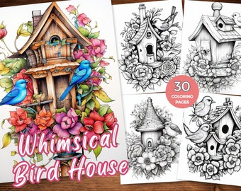 Bird House Coloring Page for Adults Instant Download Whimsical Bird House Grayscale Coloring Book Avian Abodes Coloring Sheets Bird coloring