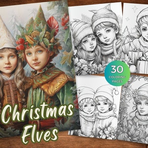 Christmas Elves Coloring Pages for Adults and for Kids Christmas Coloring Book Instant Download Grayscale Coloring Page Printable PDF Elves