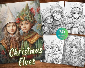 Páginas para colorear de elfos navideños para adultos y niños Libro para colorear navideño Descarga instantánea Página para colorear en escala de grises PDF imprimible Elfos