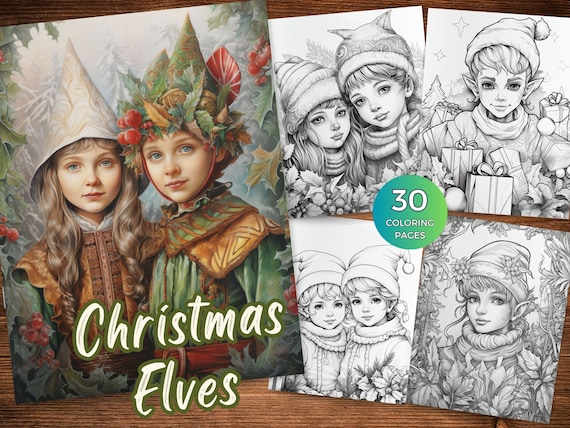 Christmas Elves Coloring Pages for Adults and for Kids Christmas Coloring Book Instant Download Grayscale Coloring Page Printable PDF Elves