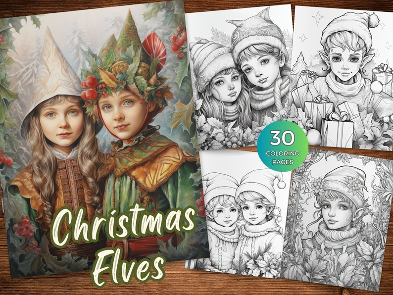 May include: A set of 30 colouring pages featuring Christmas elves. The cover image shows two elves, one with a green and brown hat and the other with a white hat. Both elves are wearing festive clothing and have a whimsical expression.