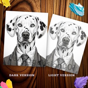 Op de afbeelding: Een zwart-witte illustratie van een Dalmati&euml;r die een pak en stropdas draagt. De afbeelding wordt in twee versies gepresenteerd: een donkere versie en een lichte versie.