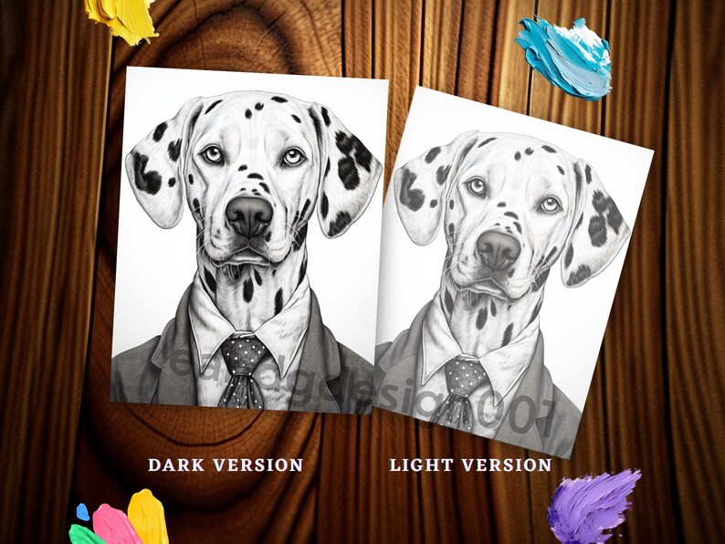 Op de afbeelding: Een zwart-witte illustratie van een Dalmati&euml;r die een pak en stropdas draagt. De afbeelding wordt in twee versies gepresenteerd: een donkere versie en een lichte versie.
