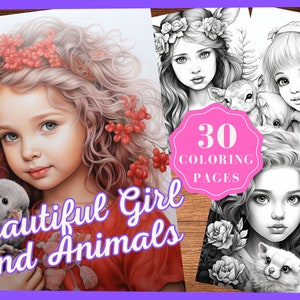 May include: A coloring book featuring 30 pages of black and white illustrations of girls and animals. The cover shows a girl with curly hair wearing a red dress and a flower crown, holding a small bird. The text on the cover reads "Beautiful Girl and Animals".