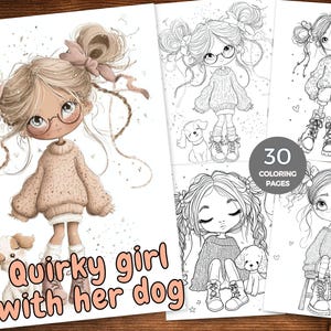Peut inclure: Un recueil de coloriage num&eacute;rique comprenant 30 pages d'illustrations d'une fille avec des couettes et son chien. La couverture montre un personnage color&eacute; portant un pull, une jupe et des lunettes, avec le texte Quirky girl with her dog.