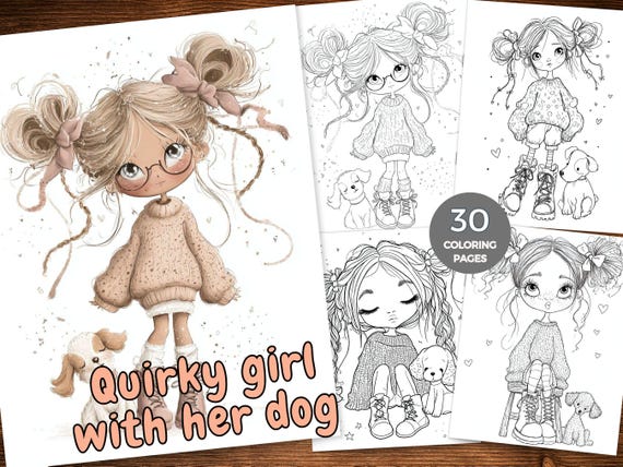 Quirky Girl With Pet Coloring Pages Printable Bundle, Cute Whimsical Girl & Animal Coloring Book Pages PDF Coloring Bold and Easy