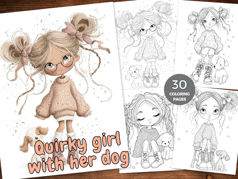 Peut inclure: Un recueil de coloriage num&eacute;rique comprenant 30 pages d'illustrations d'une fille avec des couettes et son chien. La couverture montre un personnage color&eacute; portant un pull, une jupe et des lunettes, avec le texte Quirky girl with her dog.