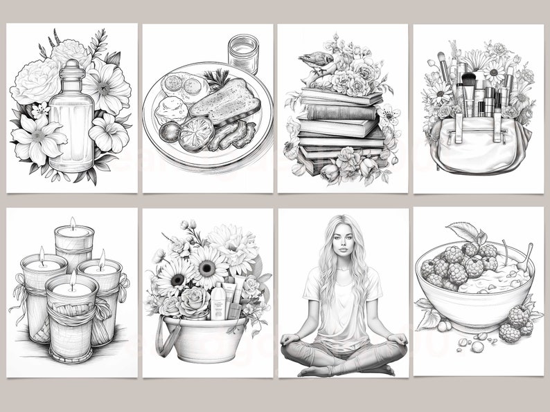 May include: A set of six black and white illustrations featuring various themes. The illustrations include a bottle of essential oil surrounded by flowers, a plate of breakfast food, a stack of books with flowers, a makeup bag with brushes and lipstick, a set of candles, a bouquet of flowers in a bucket, a woman meditating, and a bowl of fruit and yogurt.