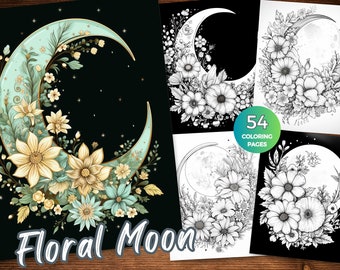 Floral Moon Coloring Pages Celestial Blooms Coloring for Adults Instant Download Moonlit Magic Coloring Therapeutic Coloring Stress Relief