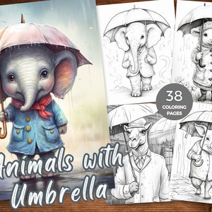 May include: A colouring book with 38 pages featuring animals with umbrellas. The cover shows a cute elephant holding an umbrella and wearing a blue jacket and red scarf.