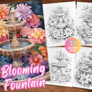 Blooming Fountain Coloring Pages, Garden fountain coloring pages, Blossom-filled garden fountain coloring sheets, Flower fountain Grayscale