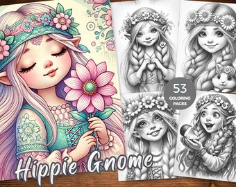 Hippie Gnome Coloring Pages for Adults Instant Download Hippie Gnome Girl Grayscale Coloring Book Printable Gnome lover Coloring Sheets