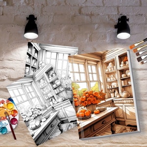 May include: A black and white line drawing of a kitchen interior with a window, shelves, and a table with fruit. The same image is shown in color with orange pumpkins and a brown table.