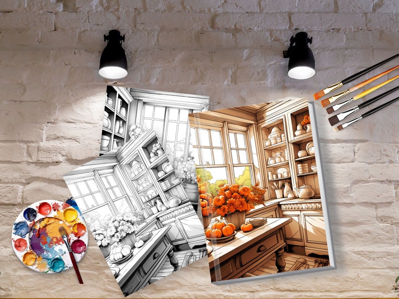 May include: A black and white line drawing of a kitchen interior with a window, shelves, and a table with fruit. The same image is shown in color with orange pumpkins and a brown table.
