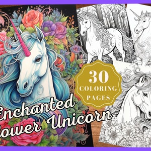 Flower Unicorns Fantasy Coloring Page Book, INSTANT DOWNLOAD, Grayscale Coloring Page, Printable PDF, Horse coloring, Kids and Adults
