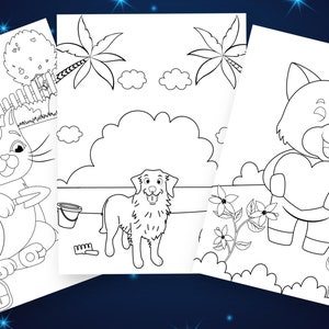 Puede incluir: P&aacute;ginas para colorear en blanco y negro con un gato sosteniendo una pala, un perro de pie en una playa y un panda rojo sosteniendo un coraz&oacute;n.