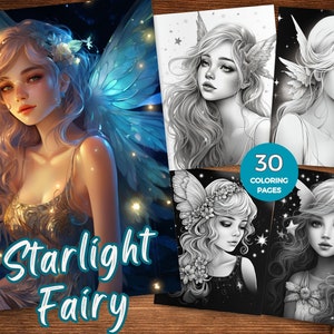 Starlight Fairy Coloring Pages for Adults Night sky fairy Coloring Book Celestial magic fairy Grayscale Coloring Printable Instant Download