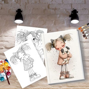 Peut inclure: Une collection de pages &agrave; colorier et une illustration finie repr&eacute;sentant un jeune personnage avec des couettes serrant un petit chien. L'ensemble comprend une palette de peinture ronde avec diverses couleurs, plusieurs pinceaux et des feuilles de papier blanc.