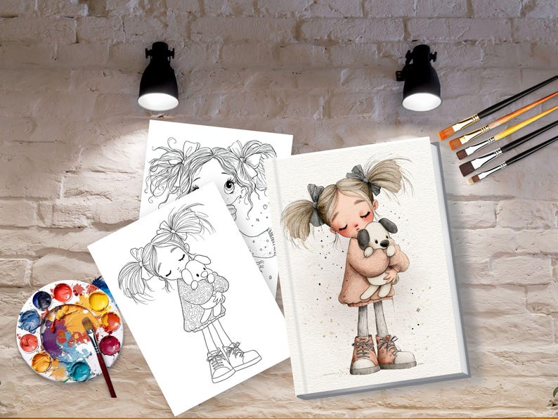 Peut inclure: Une collection de pages &agrave; colorier et une illustration finie repr&eacute;sentant un jeune personnage avec des couettes serrant un petit chien. L'ensemble comprend une palette de peinture ronde avec diverses couleurs, plusieurs pinceaux et des feuilles de papier blanc.