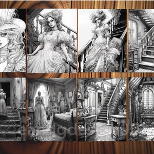 May include: A set of eight black and white illustrations featuring a woman in a Victorian-style dress, a staircase, and a room with a fireplace and a window. The illustrations are in a gothic style and are perfect for coloring.
