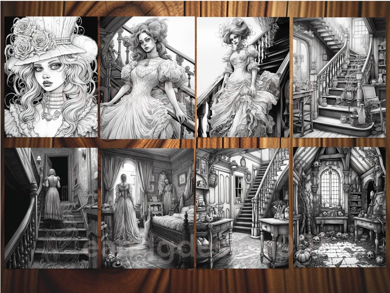 May include: A set of eight black and white illustrations featuring a woman in a Victorian-style dress, a staircase, and a room with a fireplace and a window. The illustrations are in a gothic style and are perfect for coloring.