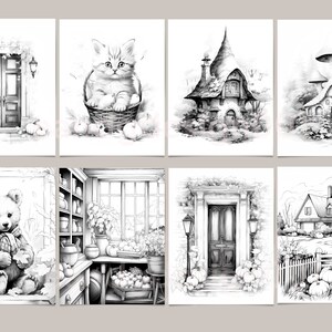 May include: A set of six black and white coloring pages featuring various scenes, including a house with a door, a cat in a basket, a cottage, a mushroom house, a bear with a scarf, and a house with a fence.