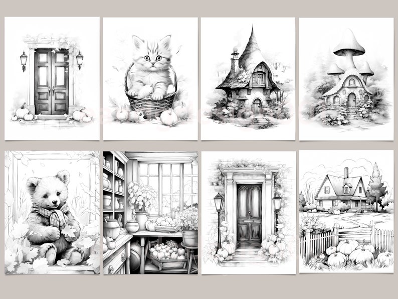 May include: A set of six black and white coloring pages featuring various scenes, including a house with a door, a cat in a basket, a cottage, a mushroom house, a bear with a scarf, and a house with a fence.